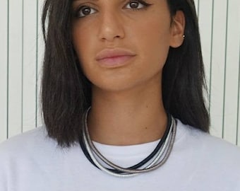 Multi strand choker necklace, Black and silver metalic cord collar, Toggle clasp choker