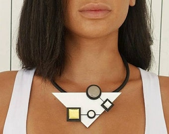 White and black statement necklace, Modern bib necklace