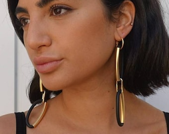 Long drop earrings, Black and gold statement earrings