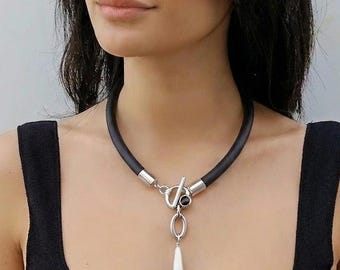 Statement necklace for women with silver toggle clasp and pearl drop
