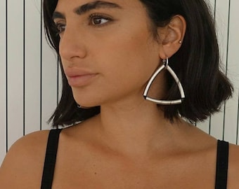 Black and silver statement earrings, Triangles drop earrings