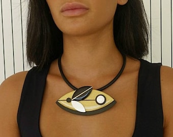 Black and gold Matisse necklace, Statement bib necklace