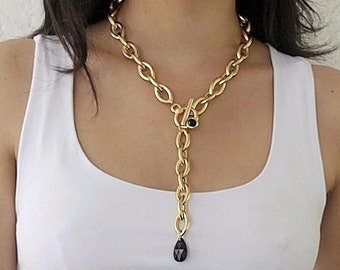 Lariat necklace, Gold chain necklace, Statement necklace, Long gold necklace, Y necklace