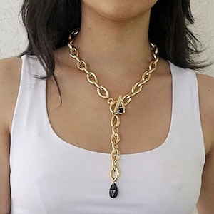 Statement lariatketting, gouden lariatketting met kapittelslot, gouden statementketting, lange gouden ketting, gouden Y-ketting
