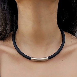 Black choker with silver pendant, Black and silver choker, Choker necklace for women