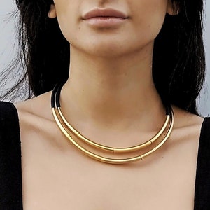 Statement Halskette, Schwarz und Gold Statement Halskette, Geometrische Lätzchen Halskette