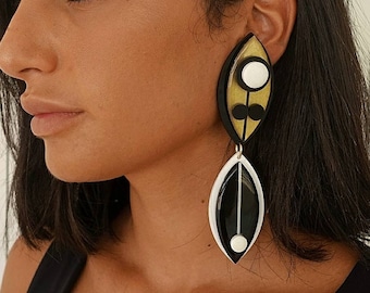 Black and gold clip on earrings, Matisse statement earrings, Long earrings