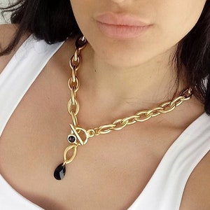Statement necklace for women with toggle clasp and teardrop, Gold toggle necklace, Tear drop necklace, Chunky gold necklace, Gold necklace image 7