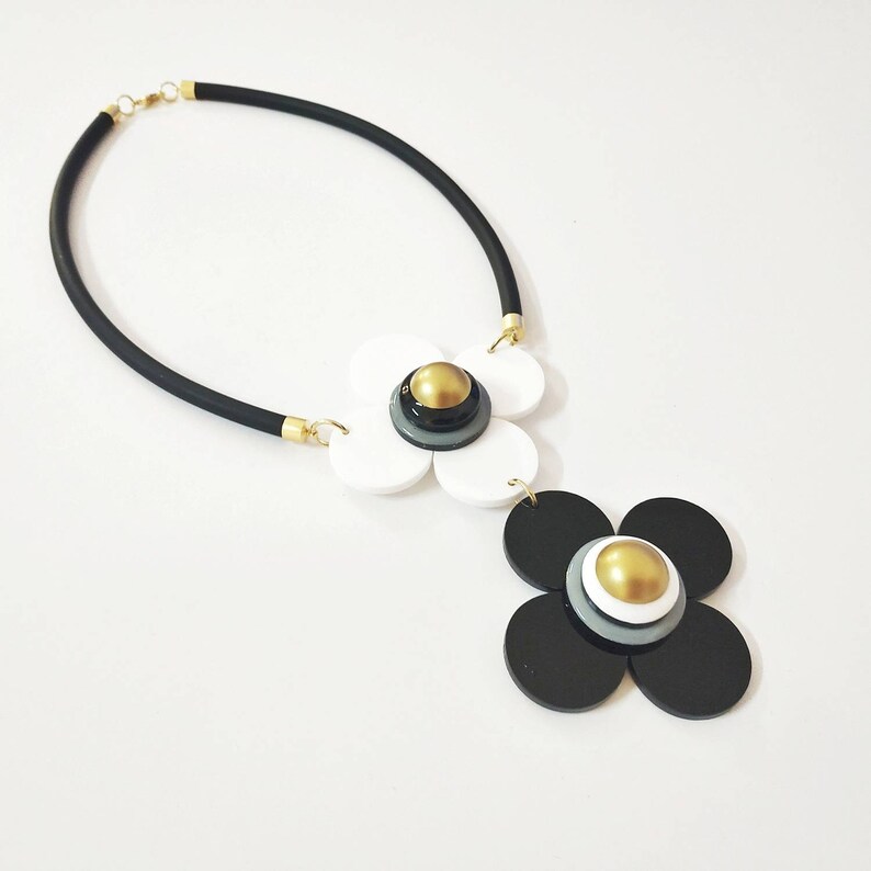 Black and white statement necklace, Big flowers necklace image 2