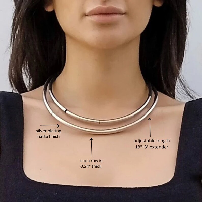 Statement necklace for women, Black and silver layered necklace, Silver bib necklace image 3