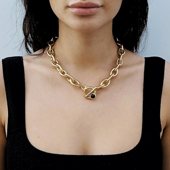 Chunky necklace, Gold chain necklace with toggle clasp