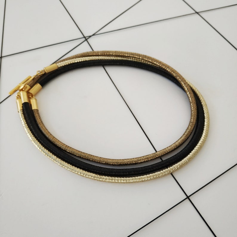 Multi strand choker necklace, Black and gold metalic cord collar, Toggle clasp choker image 6