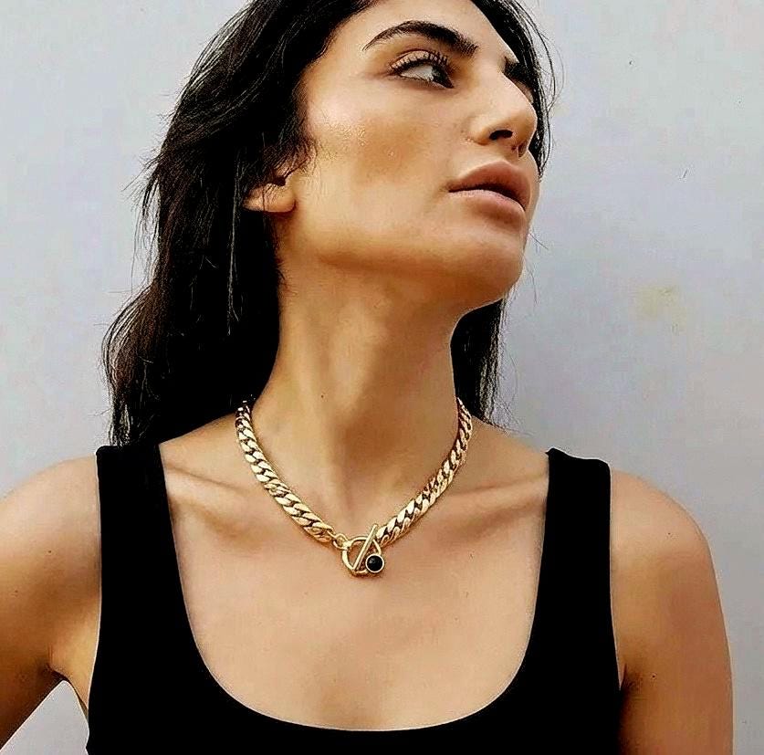 Gold Plated Necklace With Toggle Clasp, Chunky Gold Necklace, Chain Statement