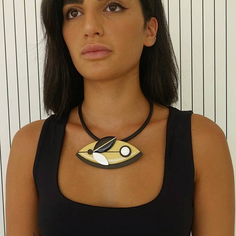 Black and gold Matisse necklace, Statement bib necklace image 5