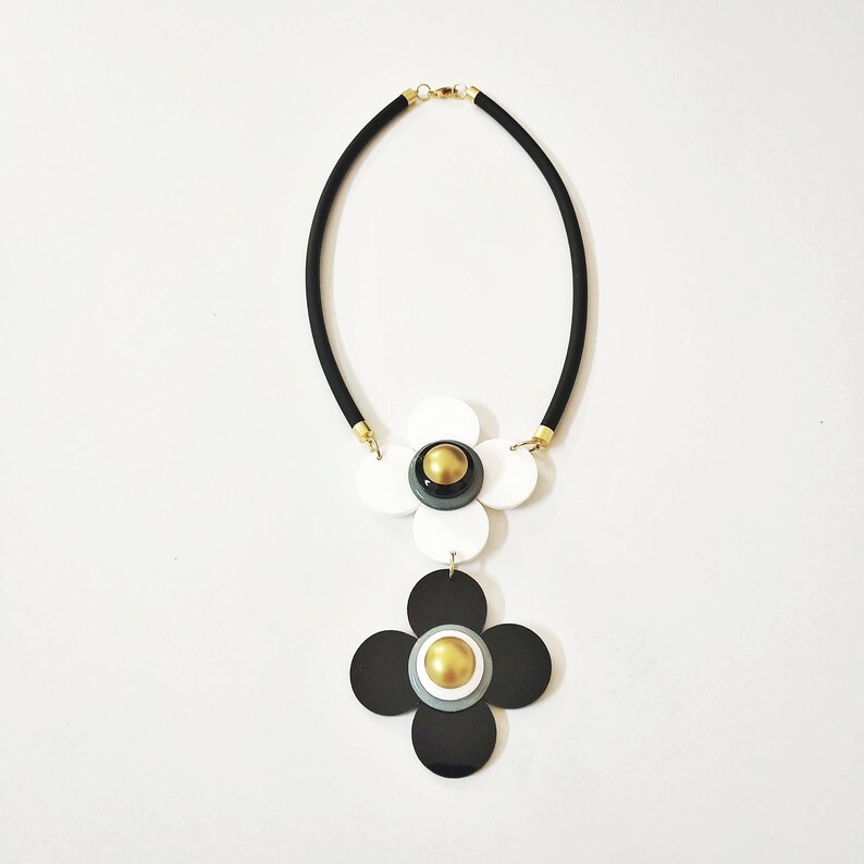 Black and white statement necklace, Big flowers necklace image 4