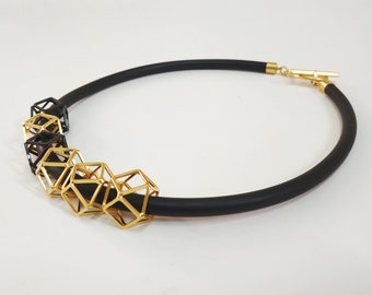 Black and gold geometric necklace, Geometric  bib necklace