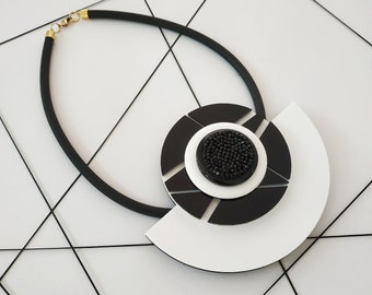 Black and white bib necklace, Geometric statement necklace