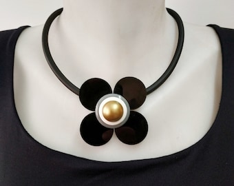 Black and gold  flower necklace, Big flower statement necklace