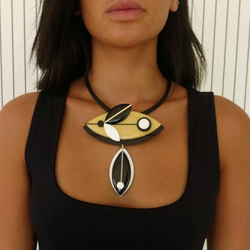 Black and gold bib necklace, Statement necklace, Matisse jewelry image 1