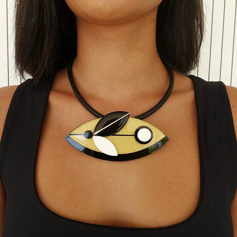 Black and gold Matisse necklace, Statement bib necklace image 3