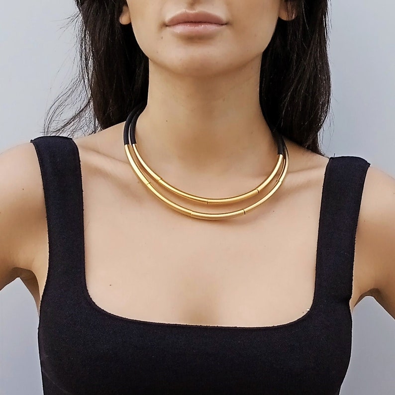 Statement necklace for women, Black and silver layered necklace, Silver bib necklace gold - matte finish