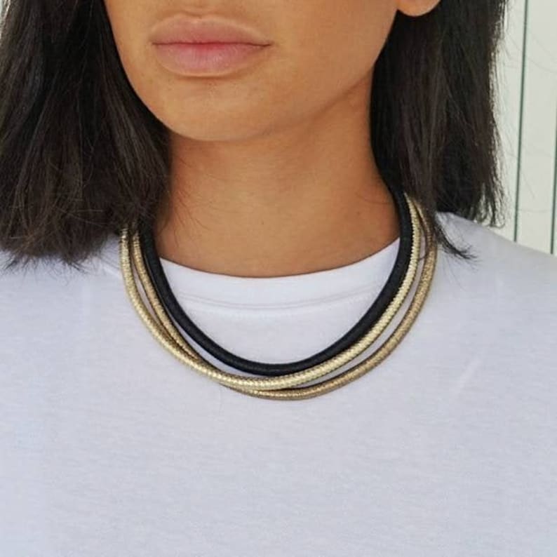 Multi strand choker necklace, Black and gold metalic cord collar, Toggle clasp choker image 1