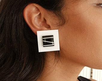 Square clip on earrings, Geometric statement earrings