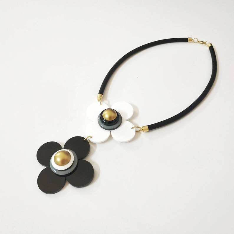 Black and white statement necklace, Big flowers necklace image 7