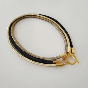 Multi strand choker necklace, Black and gold metalic cord collar, Toggle clasp choker image 4