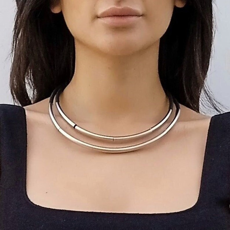 Statement necklace for women, Black and silver layered necklace, Silver bib necklace image 1