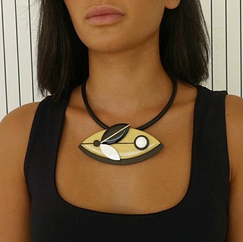 Black and gold Matisse necklace, Statement bib necklace image 1