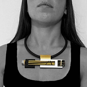 Statement necklace, Geometric necklace, Modern bib necklace, Black and gold necklace