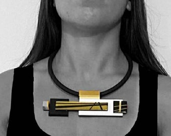Statement necklace, Geometric necklace, Modern bib necklace, Black and gold necklace