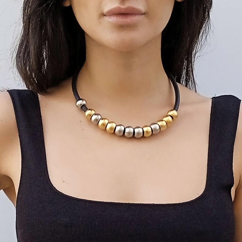 Black and gold necklace, Gold bib necklace Mixed Gold & Silver