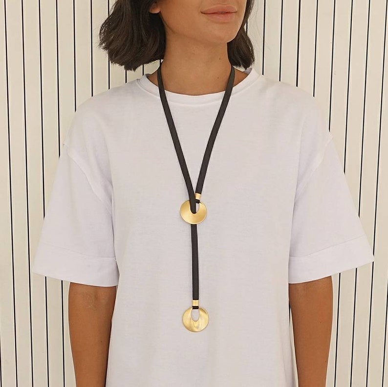 Long necklace, Y Statement necklace, Black and gold necklace image 1