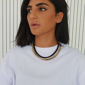 Multi strand choker necklace, Black and gold metalic cord collar, Toggle clasp choker image 3