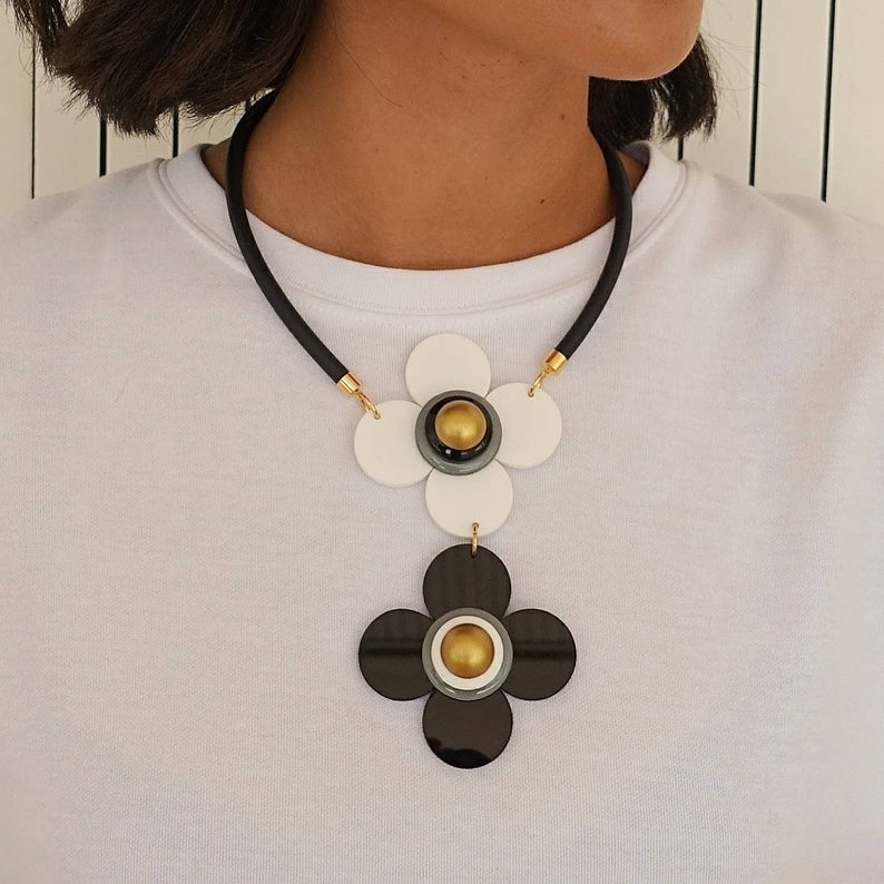 Black and white statement necklace, Big flowers necklace image 1