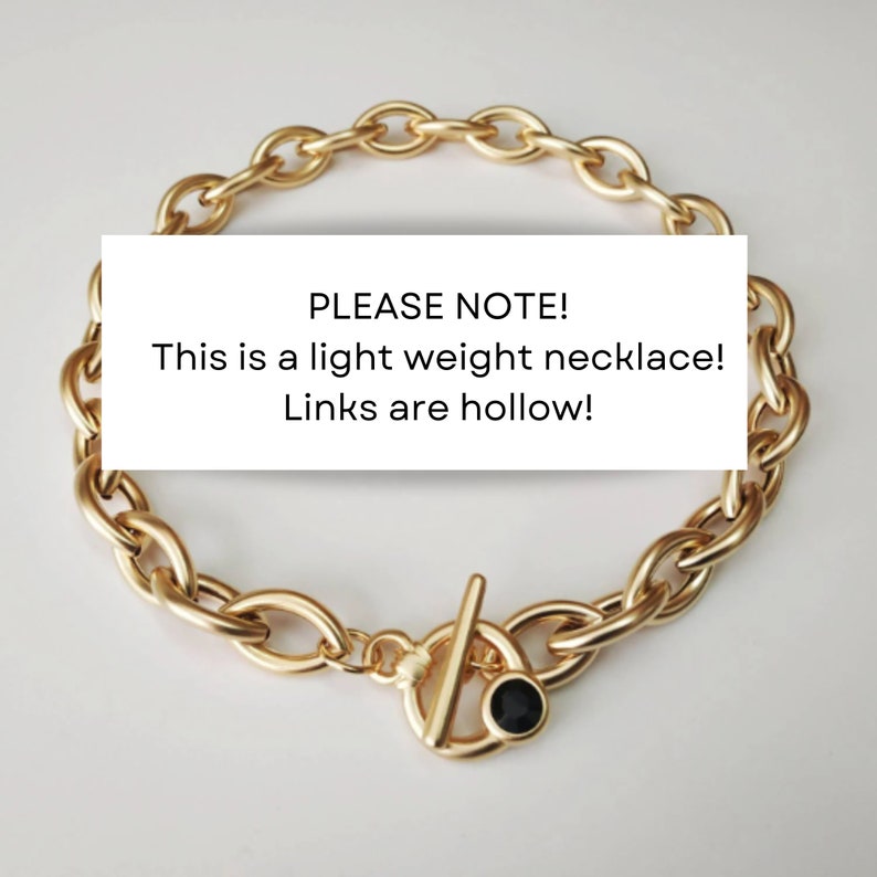 May include: Gold chain necklace with a toggle clasp. The chain is made of hollow links.  PLEASE NOTE! This is a light weight necklace! Links are hollow!