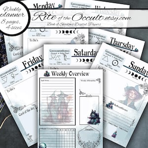Könnte beinhalten: Eine Sammlung von druckbaren Wochenplanerseiten mit einem mystischen Thema. Die Seiten zeigen Illustrationen von Hexen, Monden und anderen okkulten Symbolen. Der Planer enthält Abschnitte für To-Do-Listen, Ziele und Absichten. Der Text "Rite of the Occult.etsy.com" ist sichtbar.