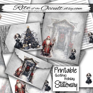 Página estacionária em branco para impressão de Natal de terror gótico, download digital Papel para scrapbooking de jornal de férias assustador, cartões de Natal assustadores de Papai Noel