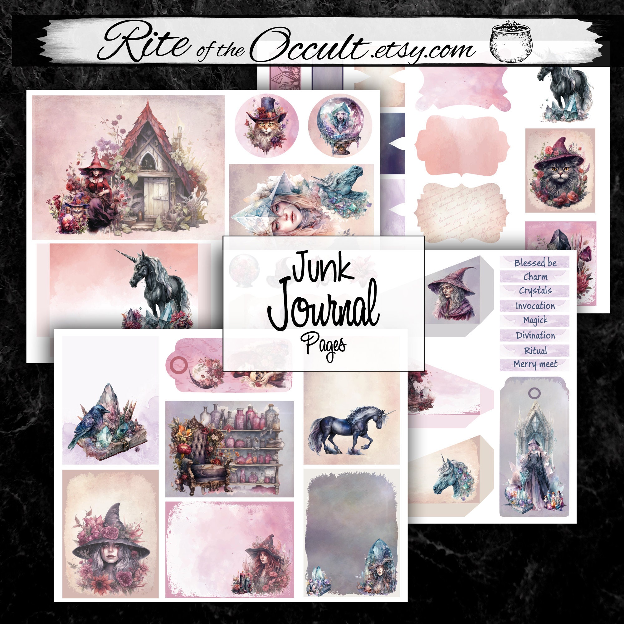 Crystal Witch Printable Junk Journal, Unicorn Ephemera Pages, Gothic Wiccan Blank Stationary ...