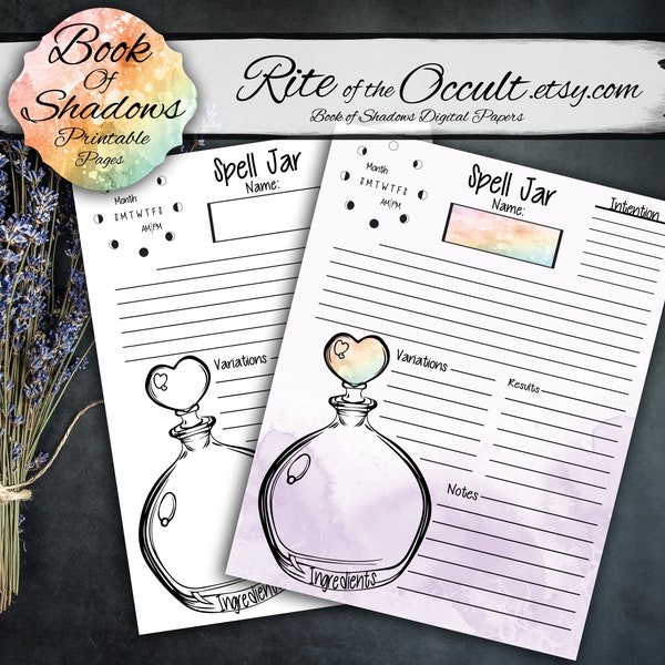 Spell Jar Digital Download Worksheet, Printable Spell Jar Chart, Book of Shadows Blank Page, Spell Book, Witchcraft, Grimoire Blank Log Page