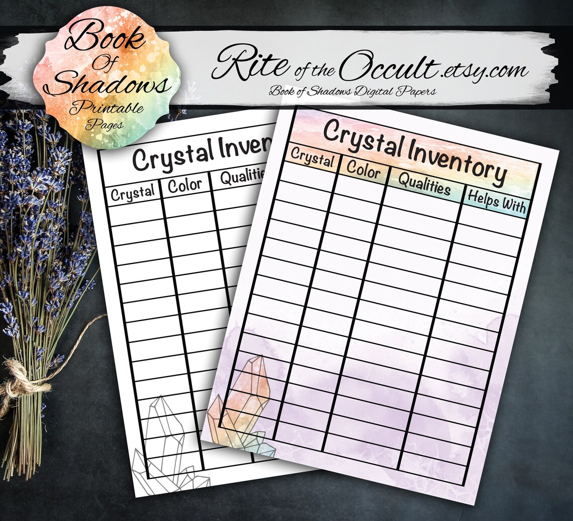 Crystal Inventory Chart Digital Download, Printable Crystal Worksheet