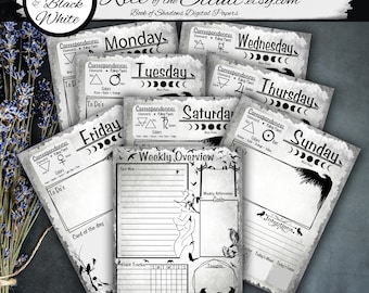 May include: A printable set of weekly planner pages with a black and white occult theme. The pages include sections for daily correspondences, to-do lists, weekly overview, habit tracker, and intentions. The text "Rite of the Occult.etsy.com" is at the top of the page.