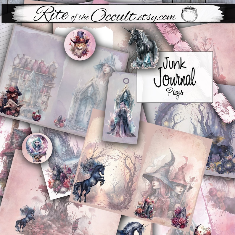 Crystal Witch Printable Junk Journal, Unicorn Ephemera Pages, Gothic Wiccan Blank Stationary ...