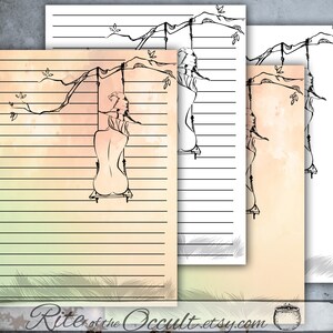 May include: Three printable lined paper sheets with a watercolor background and a black and white line drawing of a person sitting on a swing hanging from a tree branch. The text "Rite of the Occult.etsy.com" is at the bottom of the image.