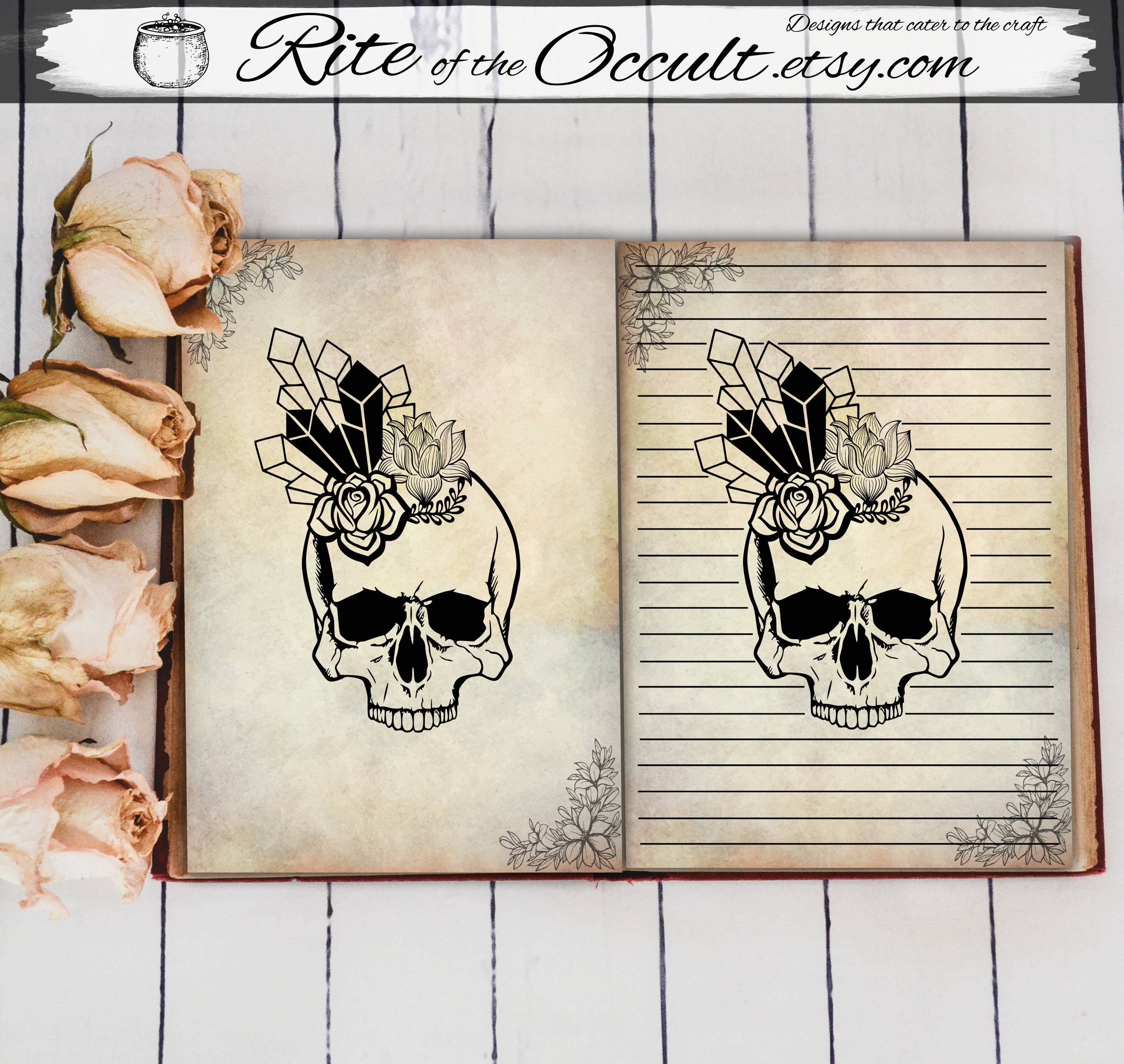 Printable Book of Shadows Wicca Blank Pages Skulls and Crystals Witchcraft Ritual Page Digital ...