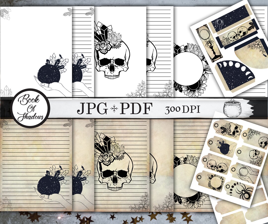 Printable Book of Shadows Wicca Blank Pages Skulls and Crystals Witchcraft Ritual Page Digital ...