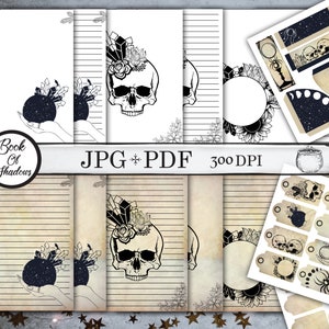 Printable Book of Shadows Wicca Blank Pages Skulls and Crystals Witchcraft Ritual Page Digital Download, Grimoire Scrapbooking Journal Paper