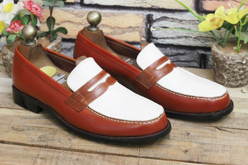 1940s Men’s Clothing & Fashion History     Handmade Leather Men Two Tone Fringes White Brown Leather Shoes Men Stylish Loafer Shoes $89.99 AT vintagedancer.com